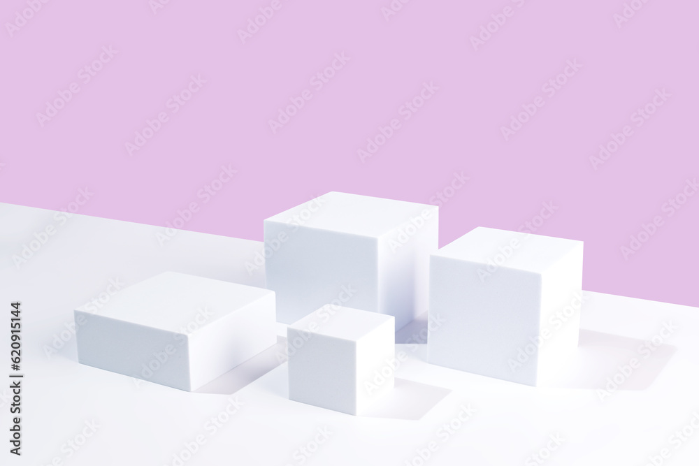 Fototapeta premium Blank white podium platforms or pedestals with pink background for product display. Empty stands for showing or presenting products.
