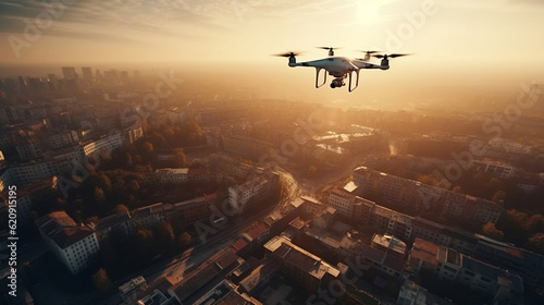 Drone in flight over the city. Generative AI
