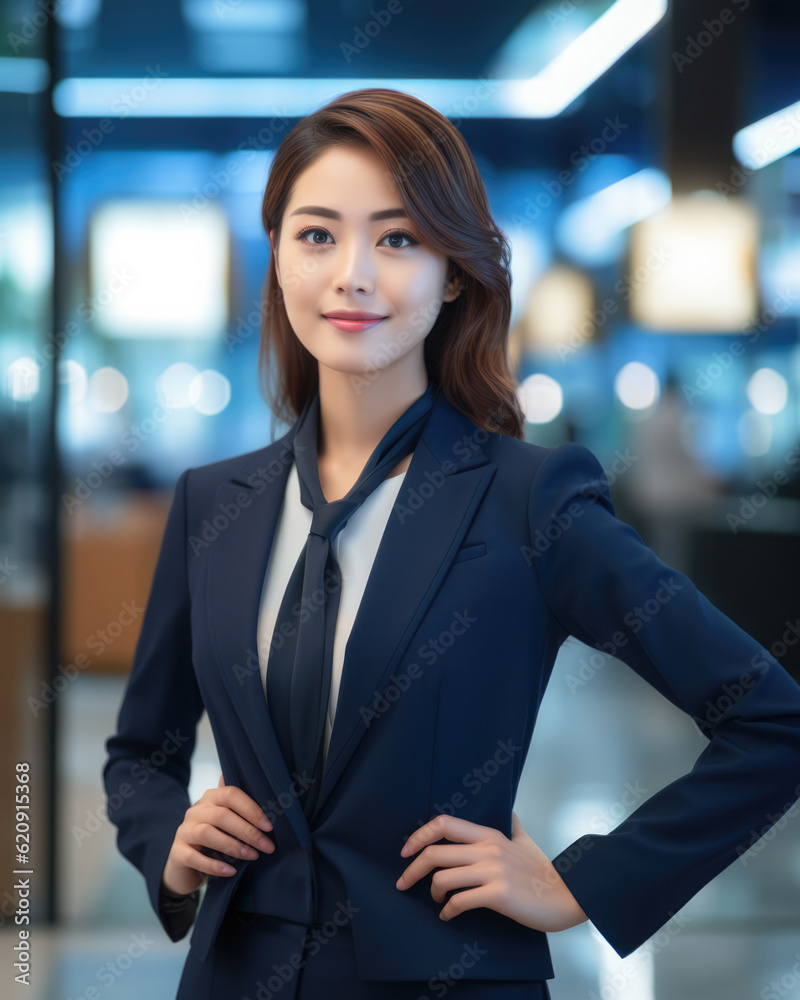 Vertical close up of a Japanese businesswoman with her workspace on the background. Generative AI Vertical close up of a Japanese businesswoman with her workspace on the background. Generative AI