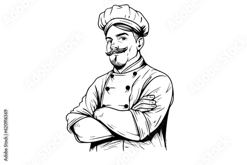 Chef in a  hat with crossed arm pose logotype engraving style vector illustration.