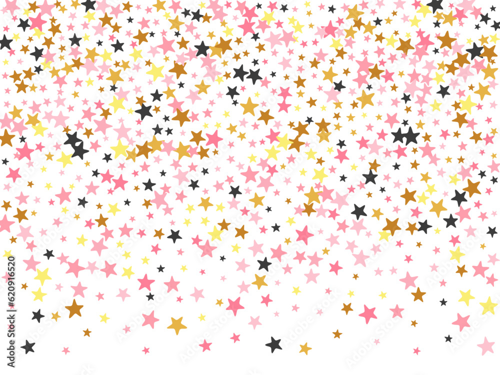 Glamour black pink gold stars magic scatter design. Many stardust spangles birthday decoration confetti. Celebration stars magic pattern. Sparkle particles greeting decor.