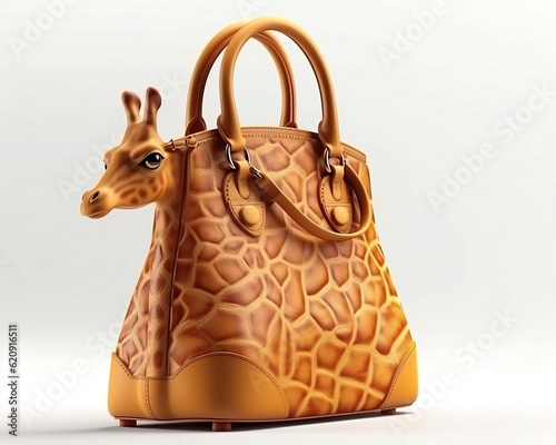 A white background features an illustration of a woman's leather purse shaped like a giraffe. Fashion bag. photo