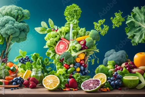 Health and wellness concept with a depiction of human anatomy surrounded by lush green vegetables and fruits. Importance of nutrition and a balanced diet for optimal bodily health