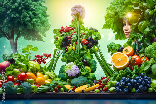 Health and wellness concept with a depiction of human anatomy surrounded by lush green vegetables and fruits. Importance of nutrition and a balanced diet for optimal bodily health