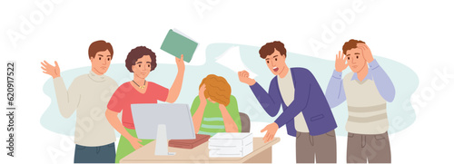 Angry team. Working stress, office chaos and stressed employees cannot solve problem. Unhealthy communications in team vector illustration photo