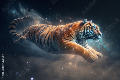 tiger floating in starry outer space, Generative AI © JOSE