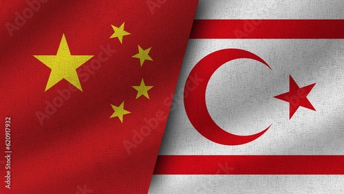 North Cyprus and China Realistic Two Flags Together, 3D Illustration