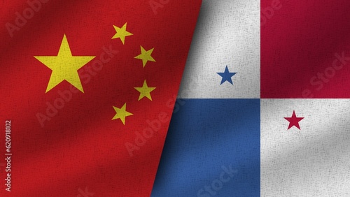 Panama and China Realistic Two Flags Together, 3D Illustration