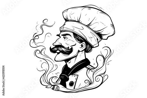 Chef  in a hat side view logotype engraving style vector illustration.