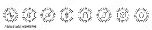 Vector Signs for Food Products. GMO, Caffeine, Meat, Gluten, Lactose, Nuts, Sugar, Egg free. Labels for package.