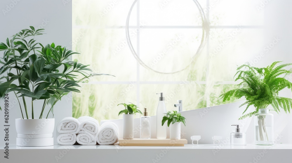 Bright and white bathroom with a variety of green plants of deep forest style, Generative AI Bright and white bathroom with a variety of green plants of deep forest style, Generative AI
