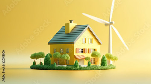 A 3d model of a house. Cute style. Wind turbine. Studio background. Solar panels. Eco friendly technology