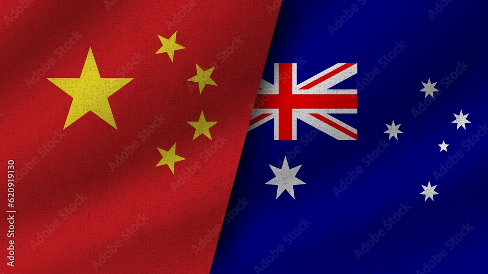 Australia and China Realistic Two Flags Together, 3D Illustration Australia and China Realistic Two Flags Together, 3D Illustration