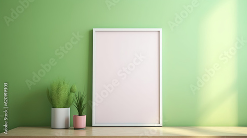 Close-up photo of blank vertical frame leaning against the wall