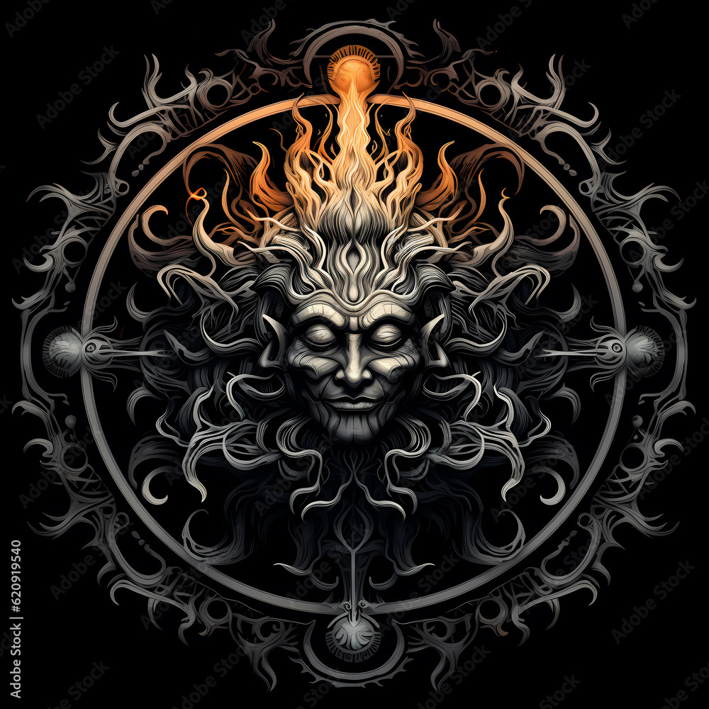 Wheel of Law Buddhism tshirt tattoo design dark art illustration isolated on black
