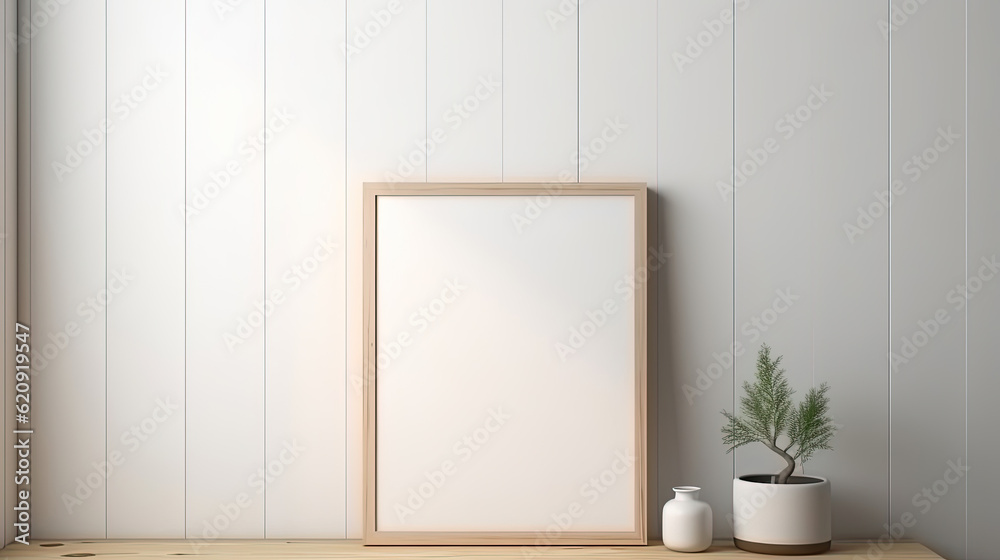 Close-up photo of blank vertical frame leaning against the wall Close-up photo of blank vertical frame leaning against the wall