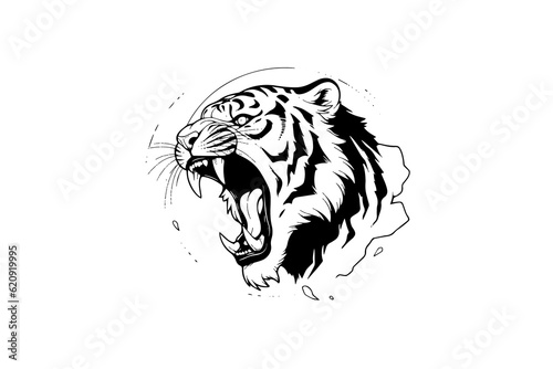 Tiger mascot sport or tattoo design. Black and white vector illustration logotype sign art.