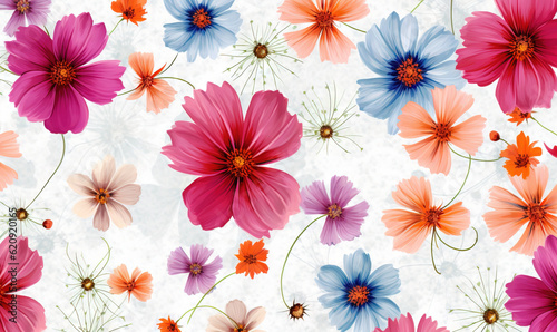  a bunch of flowers that are on a white background with a blue and red flower.  generative ai