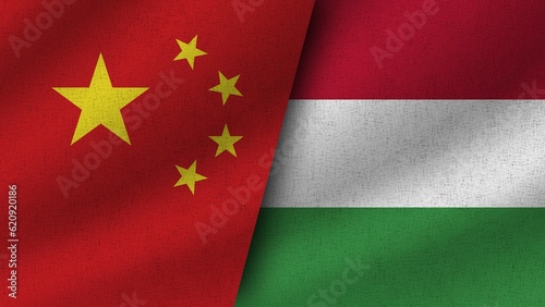 Hungary and China Realistic Two Flags Together, 3D Illustration