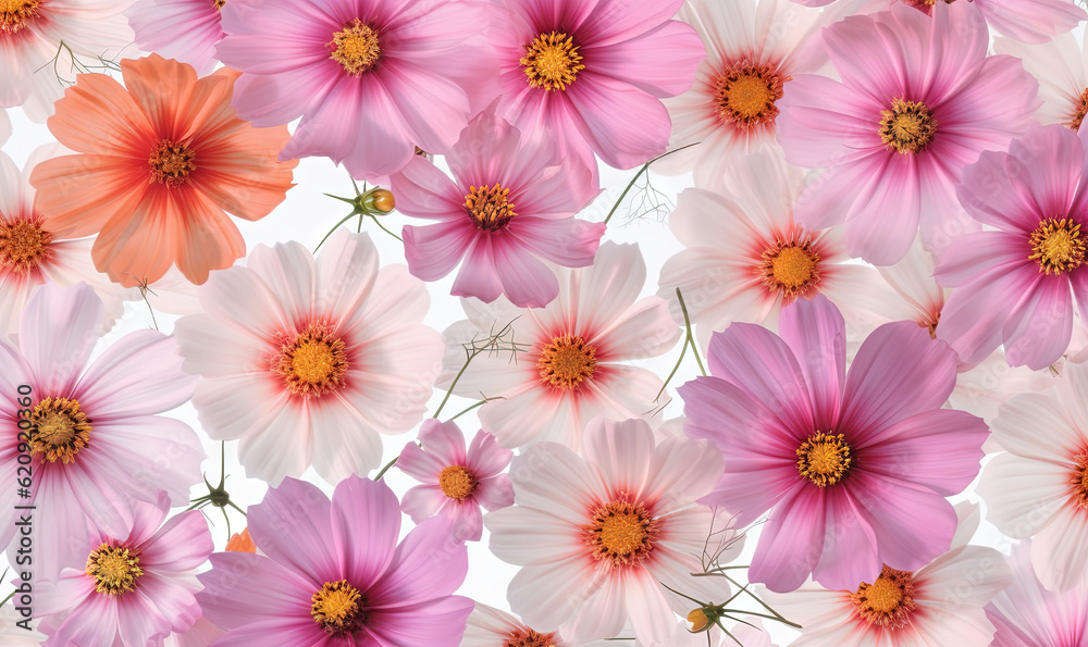  a bunch of pink and white flowers on a white background.  generative ai