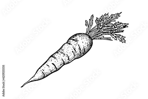 Carrot with tops. Engraving sketch hand drawn vector illustration.