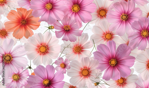  a bunch of pink and white flowers on a white background.  generative ai