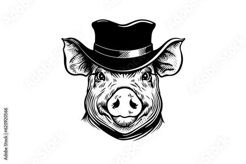 Cute pig or pork in hat head engraving logotype style vector illustration.