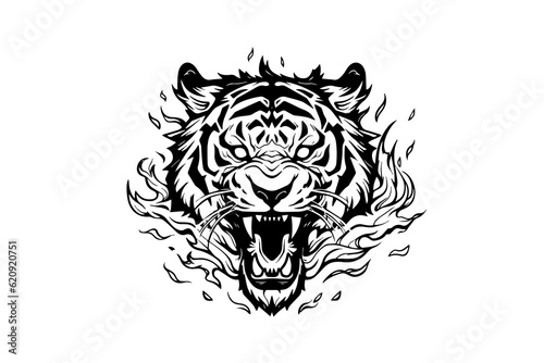 Tiger mascot sport or tattoo design. Black and white vector illustration logotype sign art.