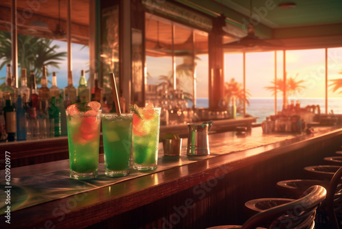 alcohol glass drink bar liquid cocktail interior tropical vintage party beverage. Generative AI.