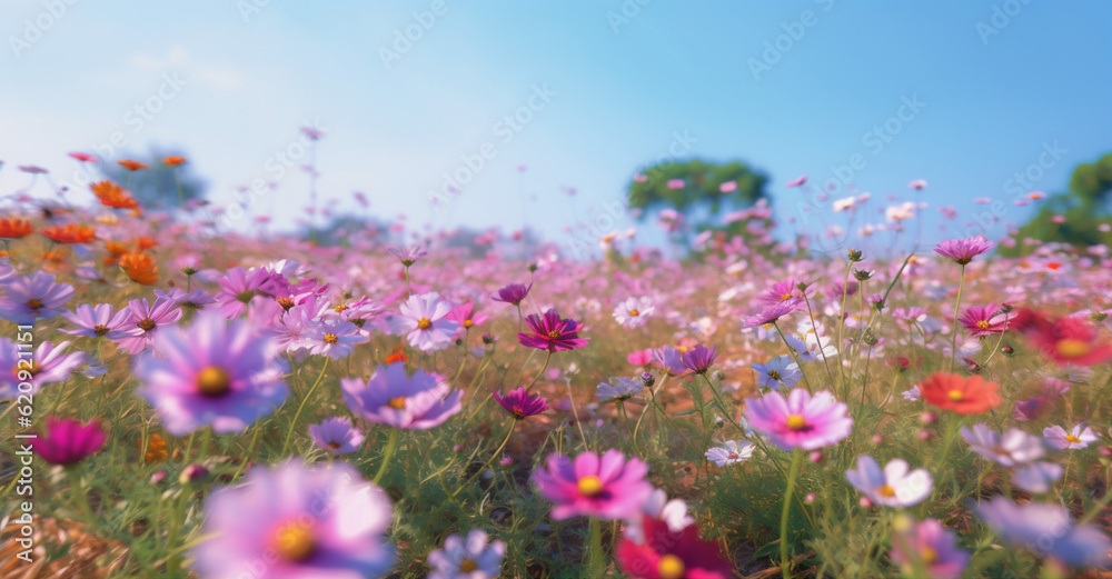 violet meadow nature sunset petal beautiful background flower pink blooming field. Generative AI.