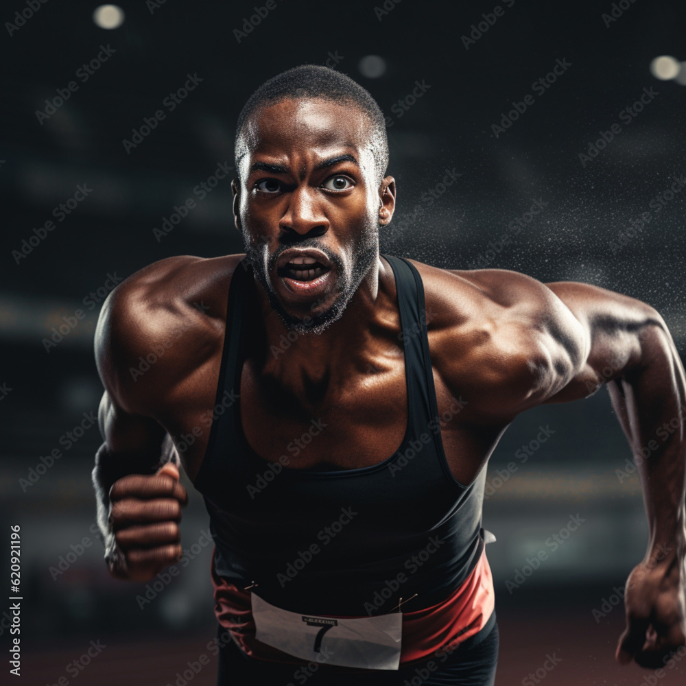 Black athlete running on a running track. Generative AI. Black athlete running on a running track. Generative AI.