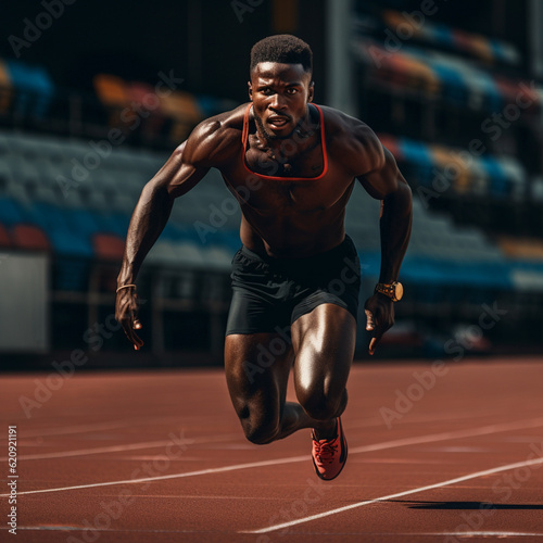 Black athlete running on a running track. Generative AI.