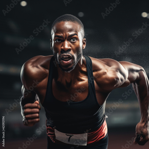 Black athlete running on a running track. Generative AI.