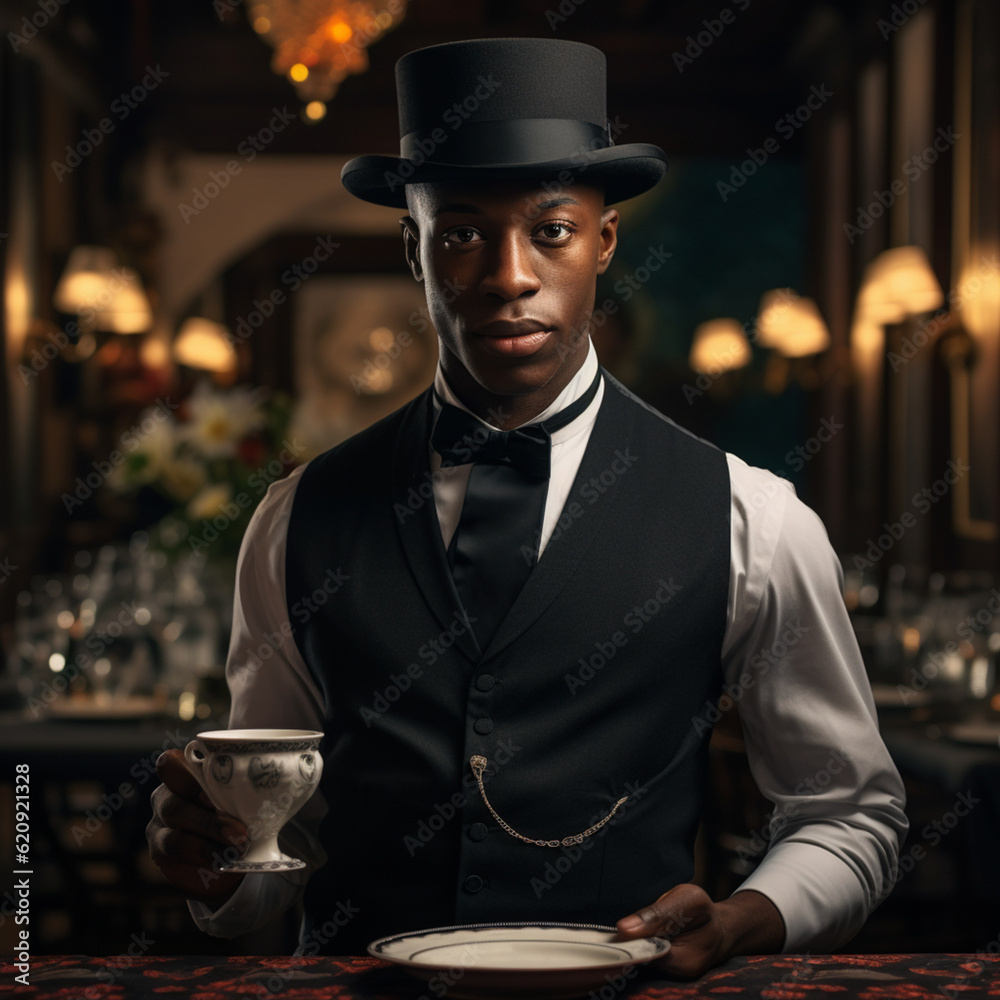 Black waiter in a restaurant. Generative AI.