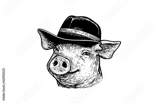 Cute pig or pork in hat head engraving logotype style vector illustration.