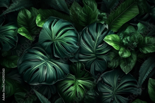 jungle colourful tree background green green leaf tropical leaf palm forest nature. Generative AI.