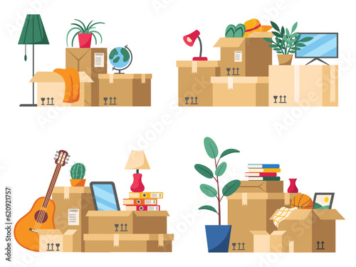 Moving home boxes pile. House stuff packed in cardboard boxes with fragile sign for apartment moving cartoon vector illustration set