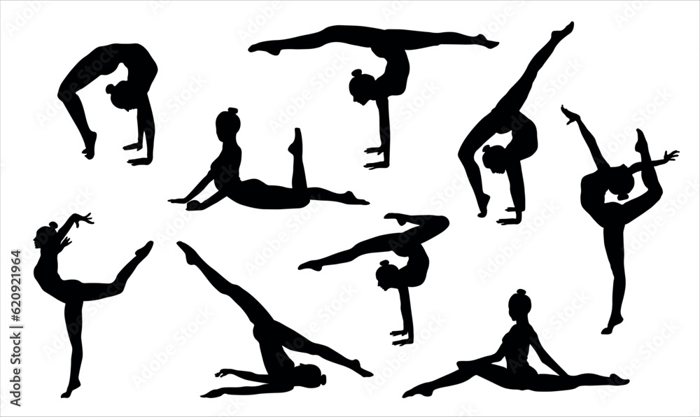Silhouettes Of Gymnastic Poses Black Silhouette Of Asport Women Gymnastics Girl Silhouette