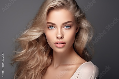 lovely woman in a blond hair, blended colors, distinct facial features