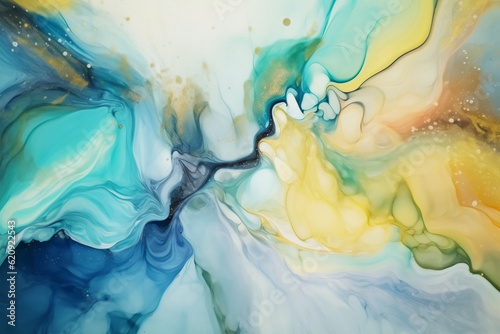 Abstract teal blue, green, yellow and white alcohol ink art background.