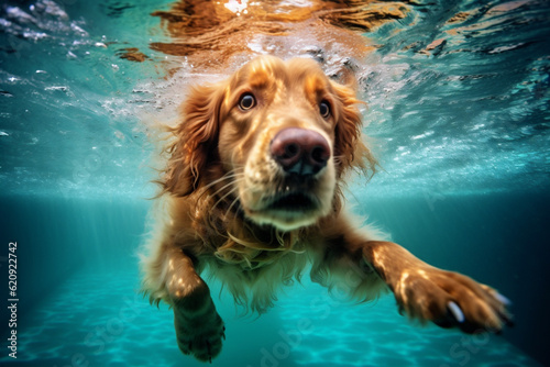 snorkeling dog underwater pool vacation water funny puppy swimming fun. Generative AI.