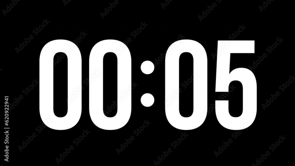 Digital countup clock timer in zero second to 1 minute. White text number on isolated black background. Element for overlay concept. 4K footage motion video