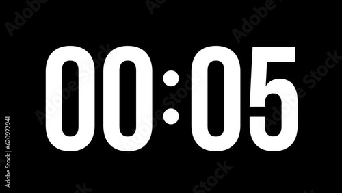 Digital countup clock timer in zero second to 1 minute. White text number on isolated black background. Element for overlay concept. 4K footage motion video photo