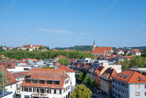Aerial Cityscape with Hohentubingen Castle and Stiftskirche,  Tubingen, Baden-Wurttemberg, Germany