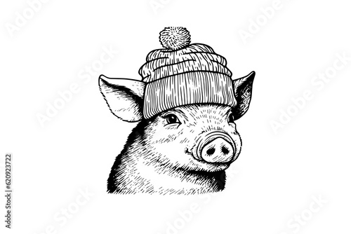 Cute pig or pork in hat head engraving logotype style vector illustration.