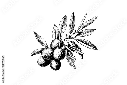 Olive brunch in engraving style element for poster, collage, banner. Vector illustration.