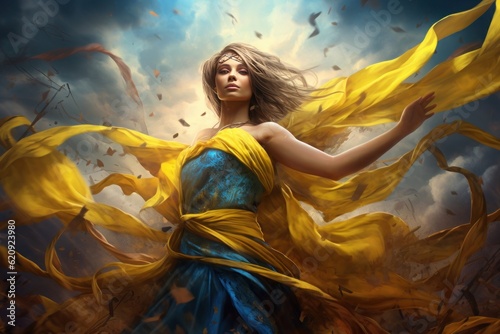 a woman against the sky in yellow and blue flying fabric, in the color of the flag of ukraine, ai generated