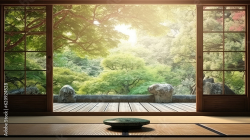Tranquil Serenity  Japanese Tatami Mat Floor  Wooden Frame Shoji Window  and Sunlit Green Tree View