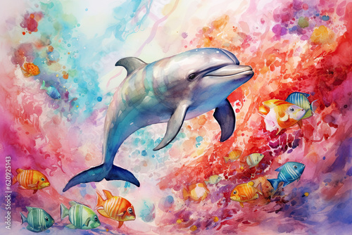 Foto Watercolor multicolored drawing of one happy dolphin among colorful fish in sea depth