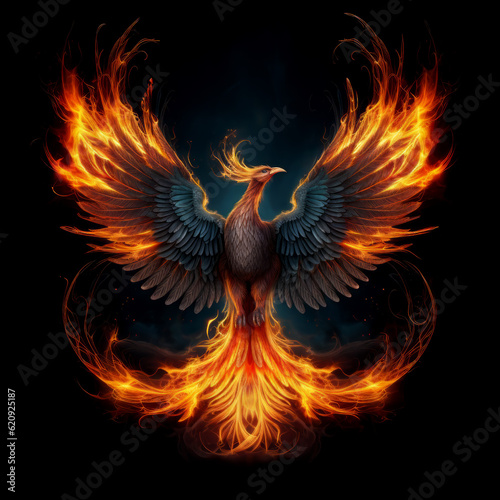 Abstract mythical phoenix bird with outstretched wings created from flames photo